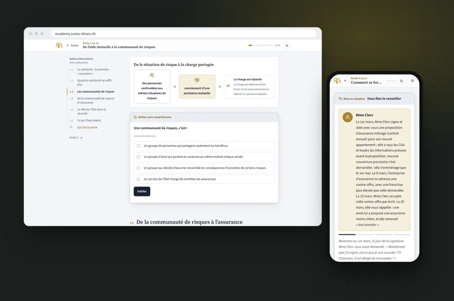 Captures de la plateforme : un schéma du chapitre Industrie de l’assurance sur ordinateur et une mise en situation du chapitre Droit des assurances sur téléphone
