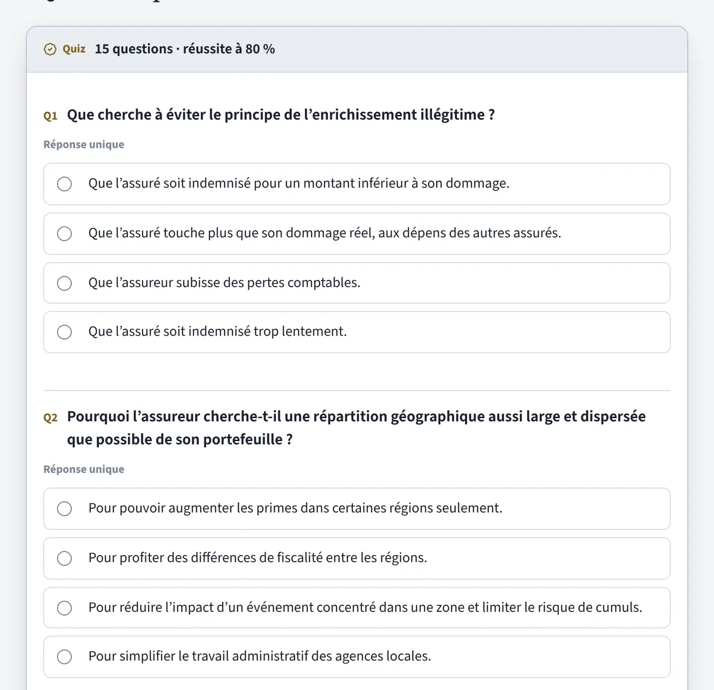 Capture de la plateforme : un quiz de fin de cours du chapitre Industrie de l’assurance, avec ses questions à réponse unique