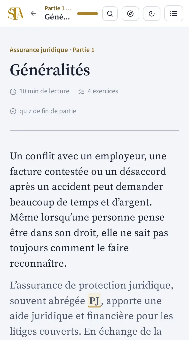 Capture de la plateforme sur téléphone : le début d’un cours du chapitre Assurance juridique