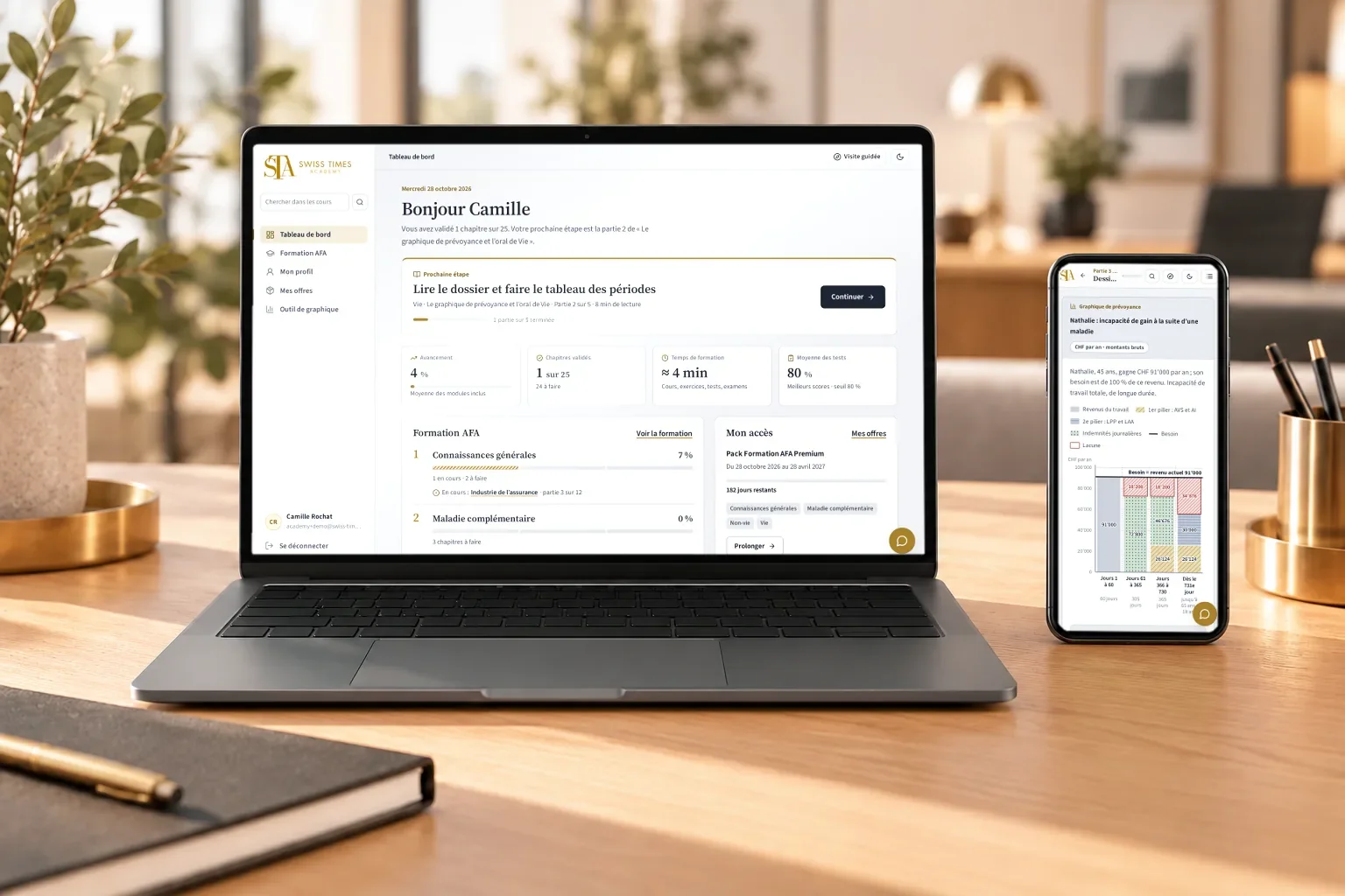 Un ordinateur portable et un téléphone sur un bureau, avec de vraies captures de la plateforme : le début d’un cours et un graphique de prévoyance
