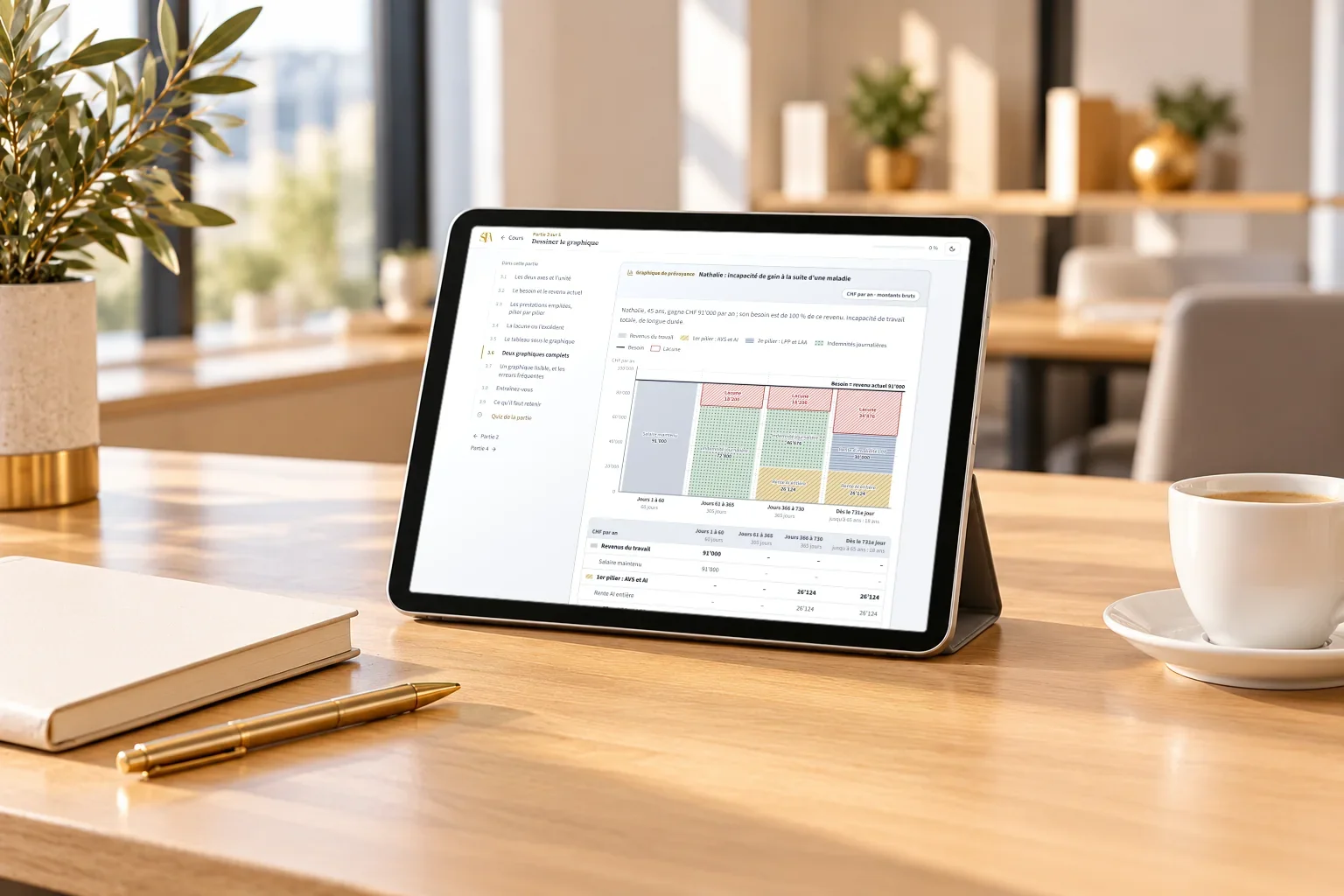 Une tablette sur un bureau, avec une vraie capture de la plateforme : le graphique de prévoyance d’une incapacité de gain