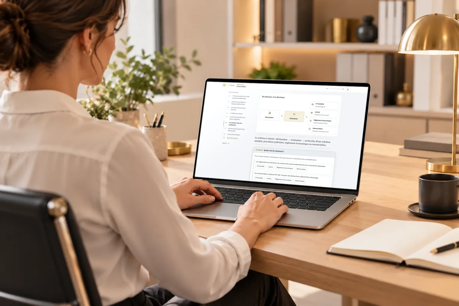 Une personne étudie sur un ordinateur portable, avec une vraie capture de la plateforme : le schéma « Du dossier à la décision » du cours d’assurance juridique