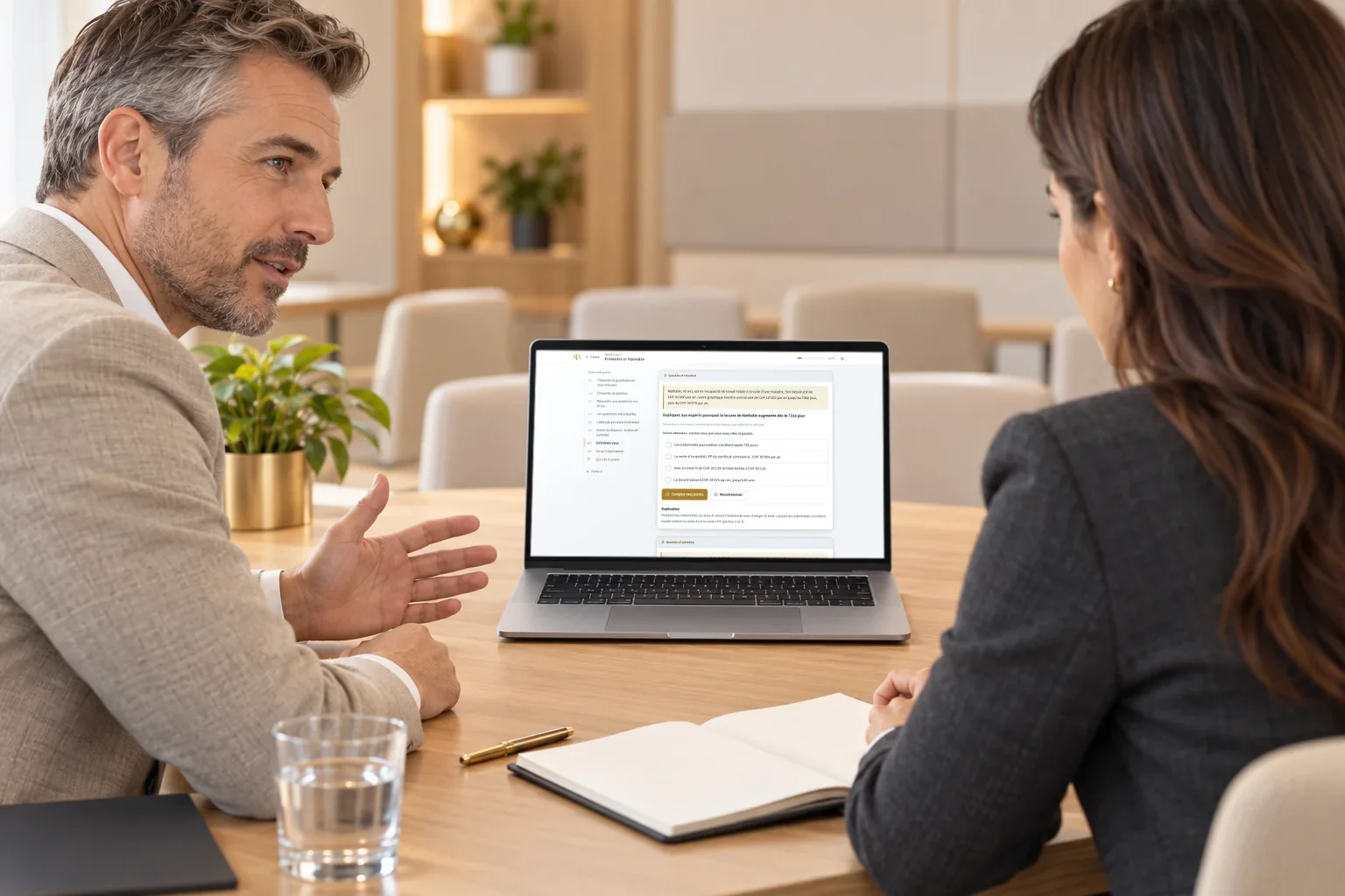 Un conseiller et une candidate devant un ordinateur portable, avec une vraie capture de la plateforme : une question d’entretien de l’oral de Vie