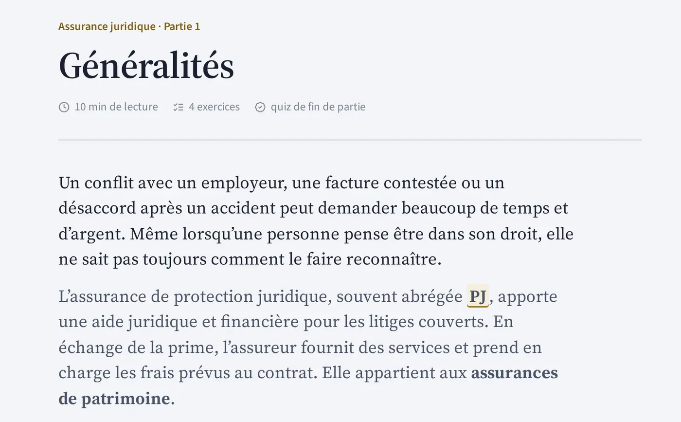 Capture de la plateforme : un cours du chapitre Assurance juridique, avec le terme PJ souligné qui ouvre sa définition