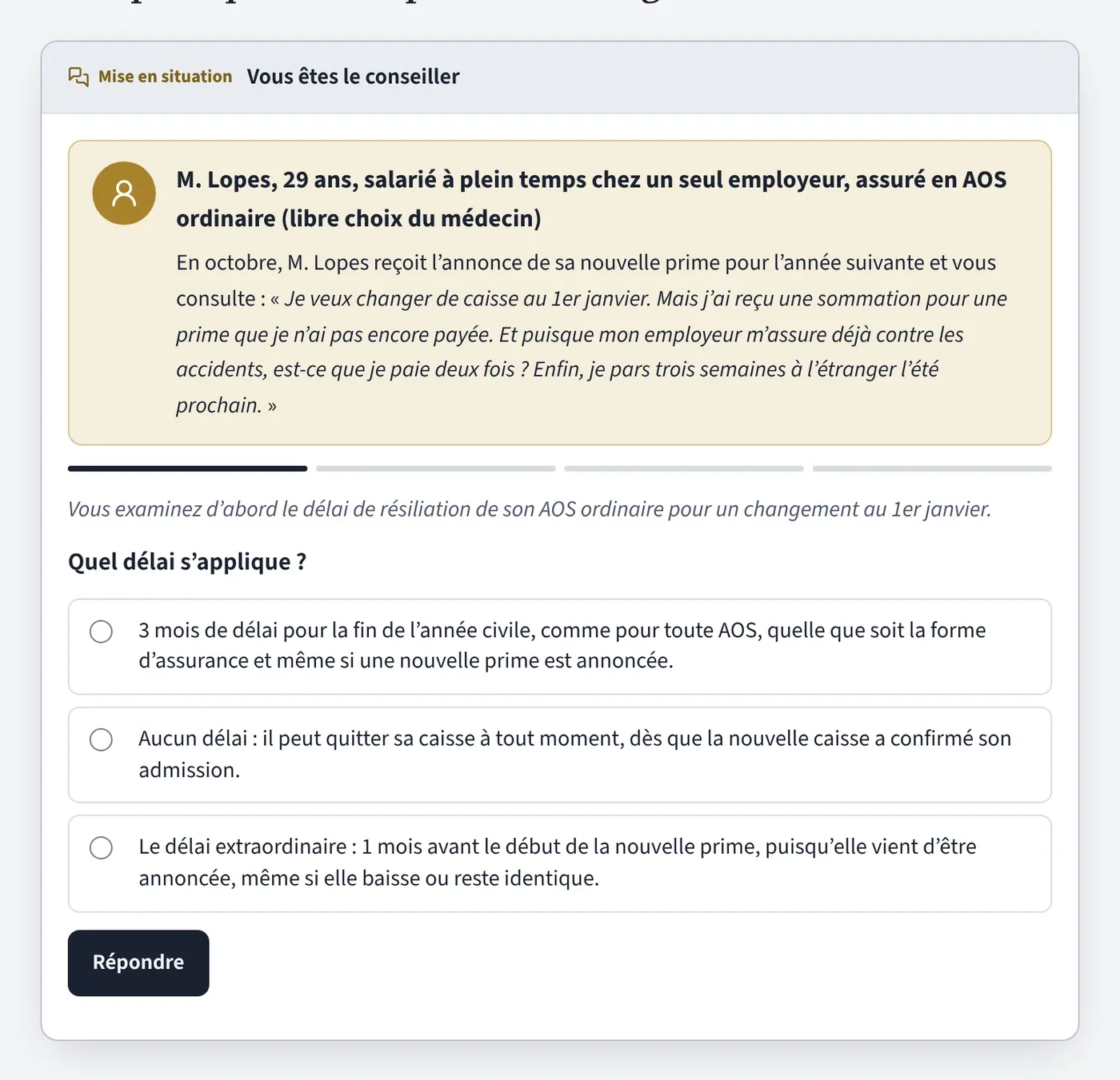 Capture de la plateforme : une mise en situation du chapitre L’assurance obligatoire des soins, où un client pose ses questions