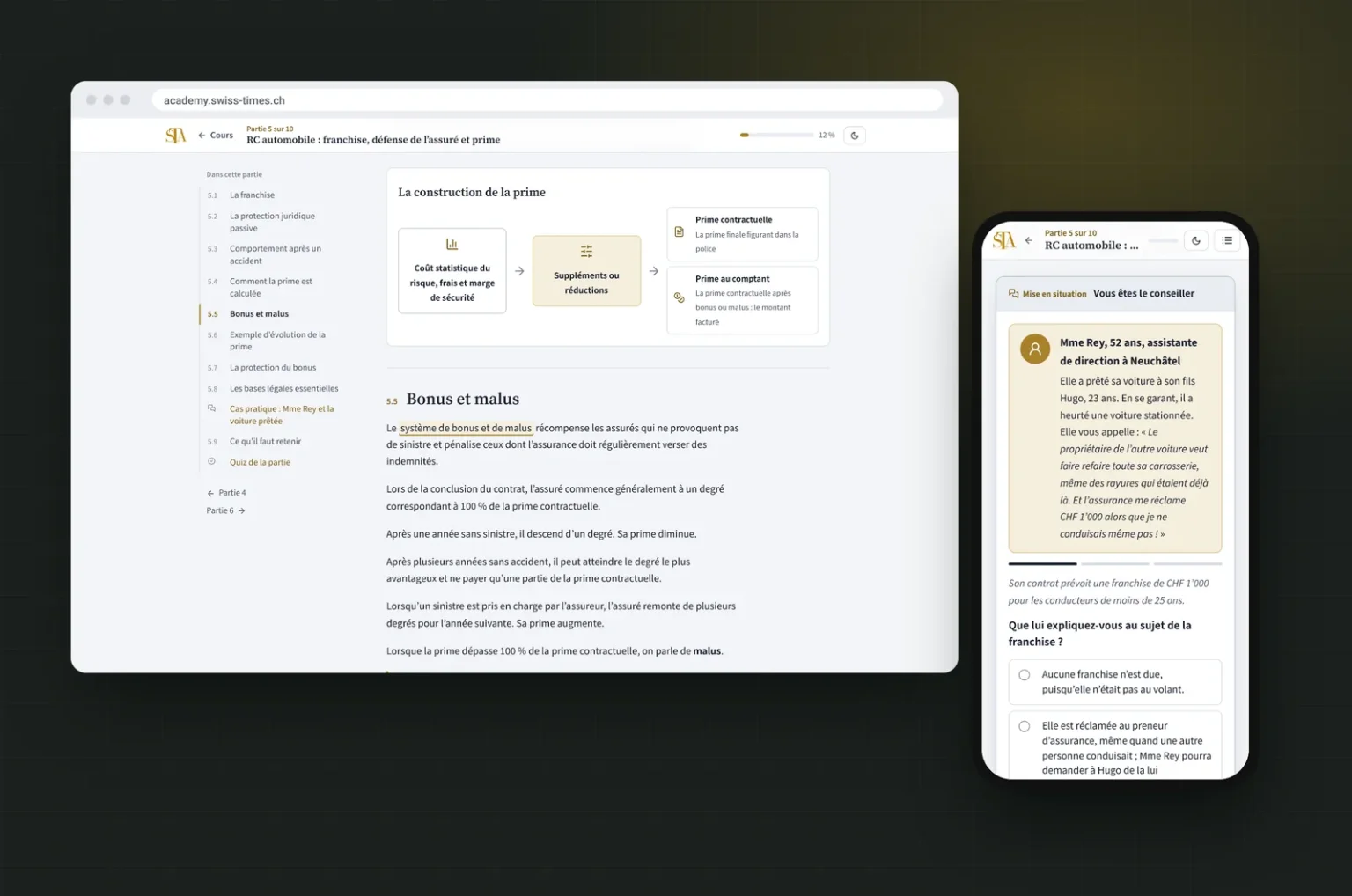 Captures de la plateforme : un schéma du chapitre Assurance véhicule sur ordinateur et une mise en situation du même chapitre sur téléphone