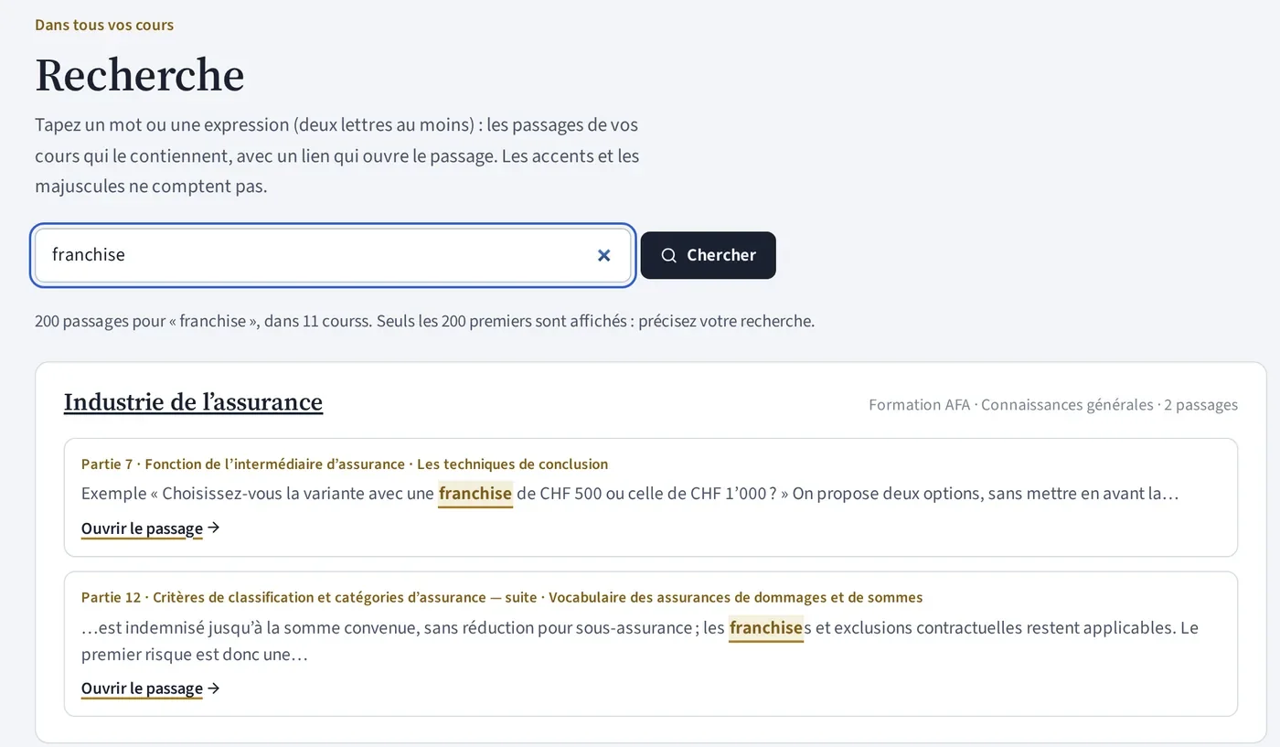 Capture de la plateforme : la recherche dans les cours, avec les passages qui contiennent le mot franchise