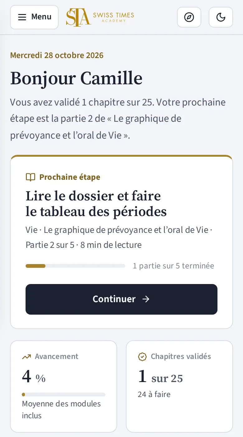 Capture de la plateforme sur téléphone : le tableau de bord avec la prochaine étape et l’avancement