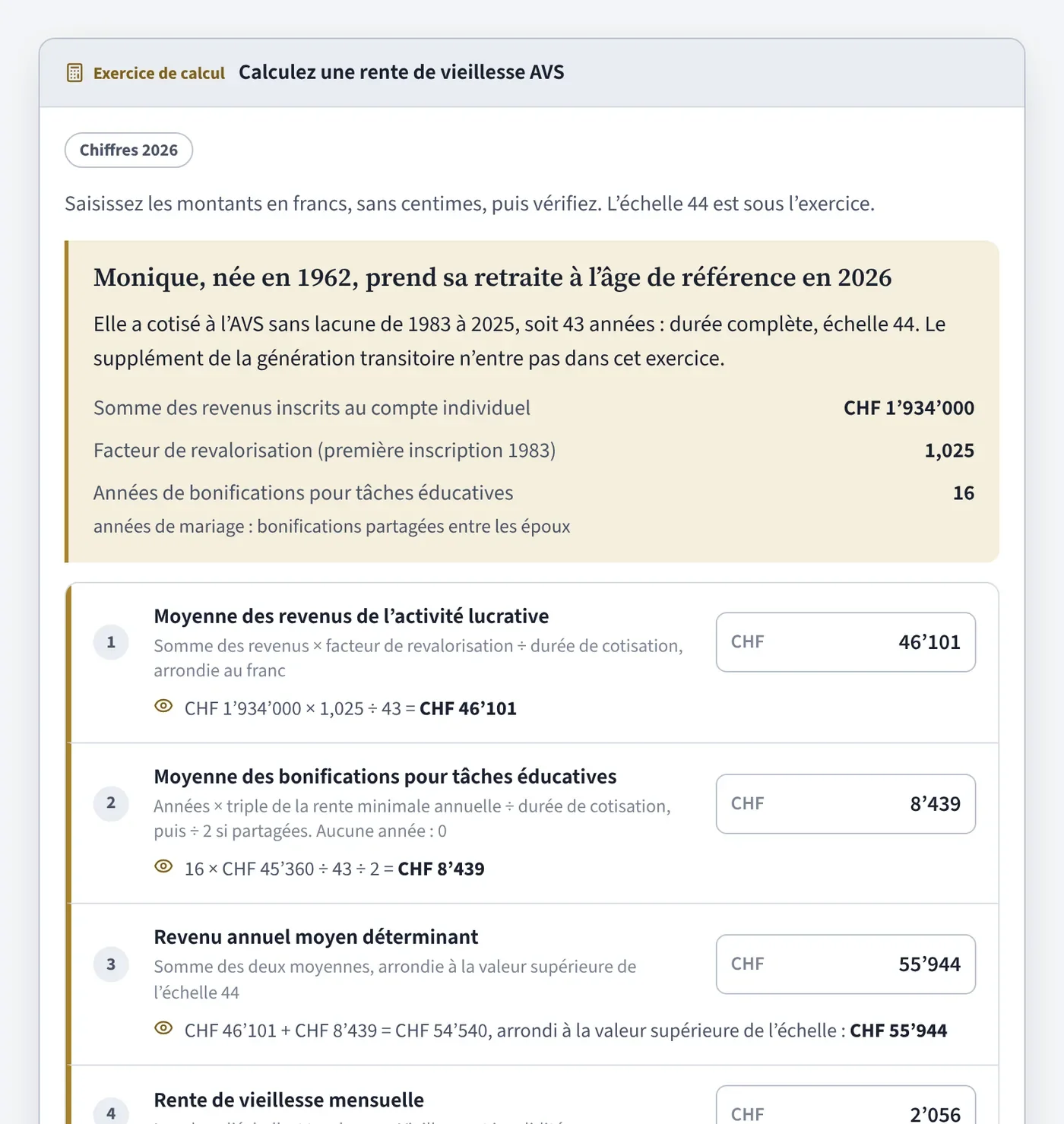 Capture de la plateforme : exercice de calcul d’une rente de vieillesse AVS, avec la solution pas à pas