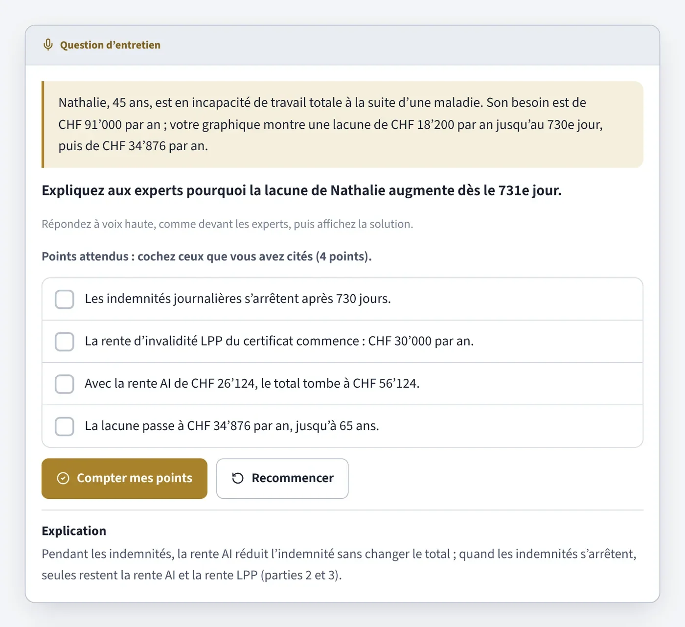 Capture de la plateforme : une question d’entretien de l’oral de Vie avec les points attendus à cocher